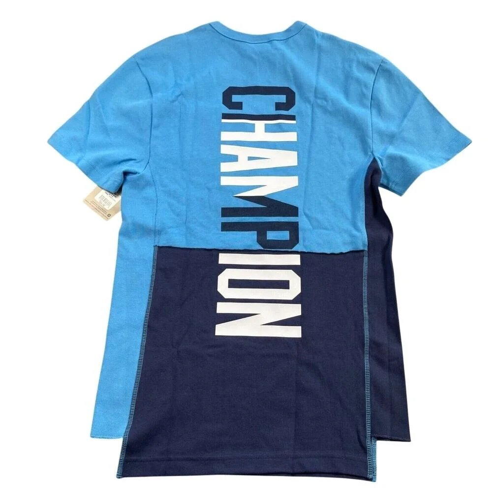 Champion T-shirt Men Small Blue Colorblock Asymmetric Hem Heritage Shift Pocket - Picture 4 of 8